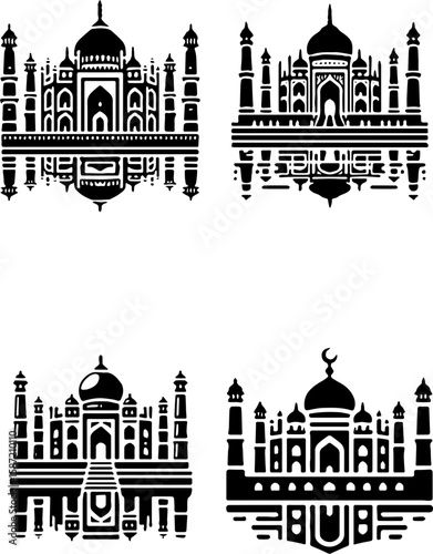black and white icon set of the taj mahal shown from different variations with reflection or stylized base, in clean minimal style