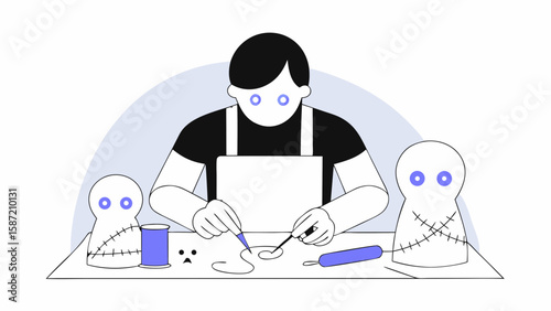 A person is sewing dolls at a table in a cartoon illustration