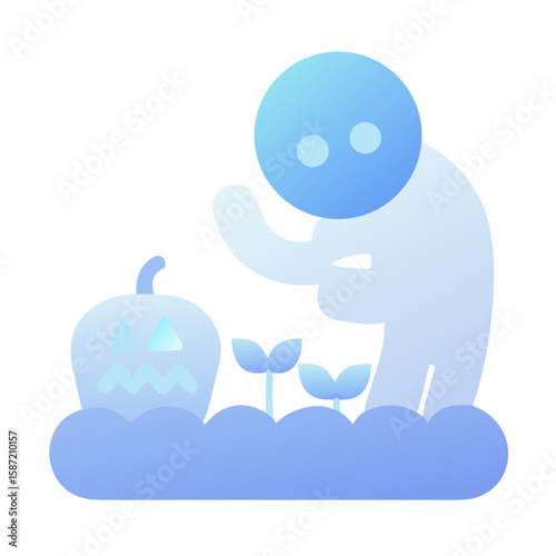 A spooky gardener tends to his pumpkin patch, isolated on white background