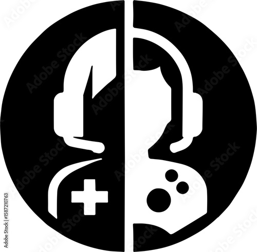 black and white graphic showing half a human face with a headset and half a gaming controller, symbolizing digital duality