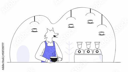A fox barista is serving coffee in a cafe with hanging cups