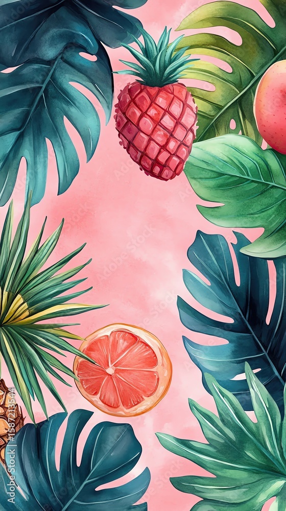 Obraz premium Tropical leaves with vibrant fruits on pink background