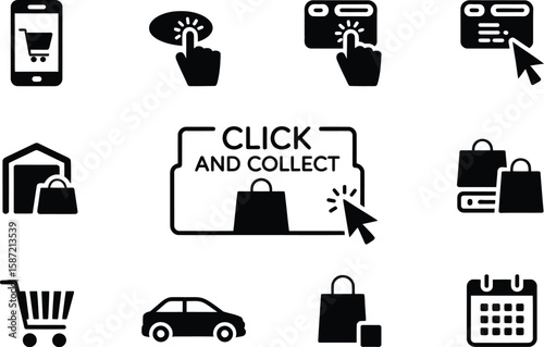 Black and white click and collect icons showing shopping and payment