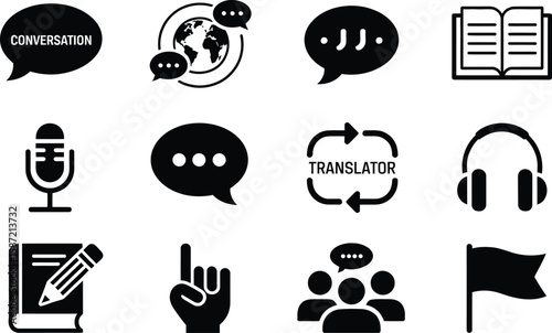Black and White Communication Icons Set Conversation Translation Speech Bubbles
