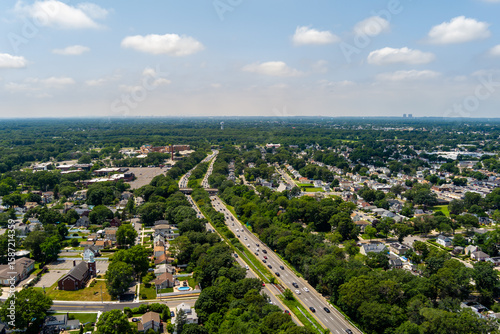 Aerial view of southern state parkway on Long Island New York on a spring day.