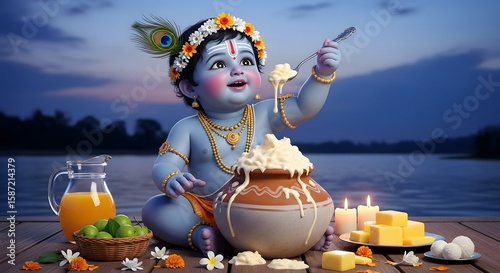 Baby krishna eating butter with spoon on a wooden dock with a lake and sky in the background