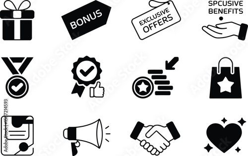 Black and White Icons of Gift Bonus Offers Benefits and More