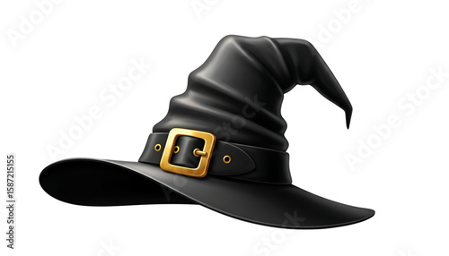 Classic Black Witch Hat with Gold Buckle, Spooky Witch's Hat for Halloween Costume, Magical Witch Hat Vector Illustration, Halloween Fantasy: A Cartoon Witch Hat.