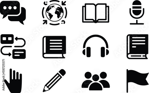 Black and White Icon Set: Speech Bubbles Globe Books Microphone Headphones