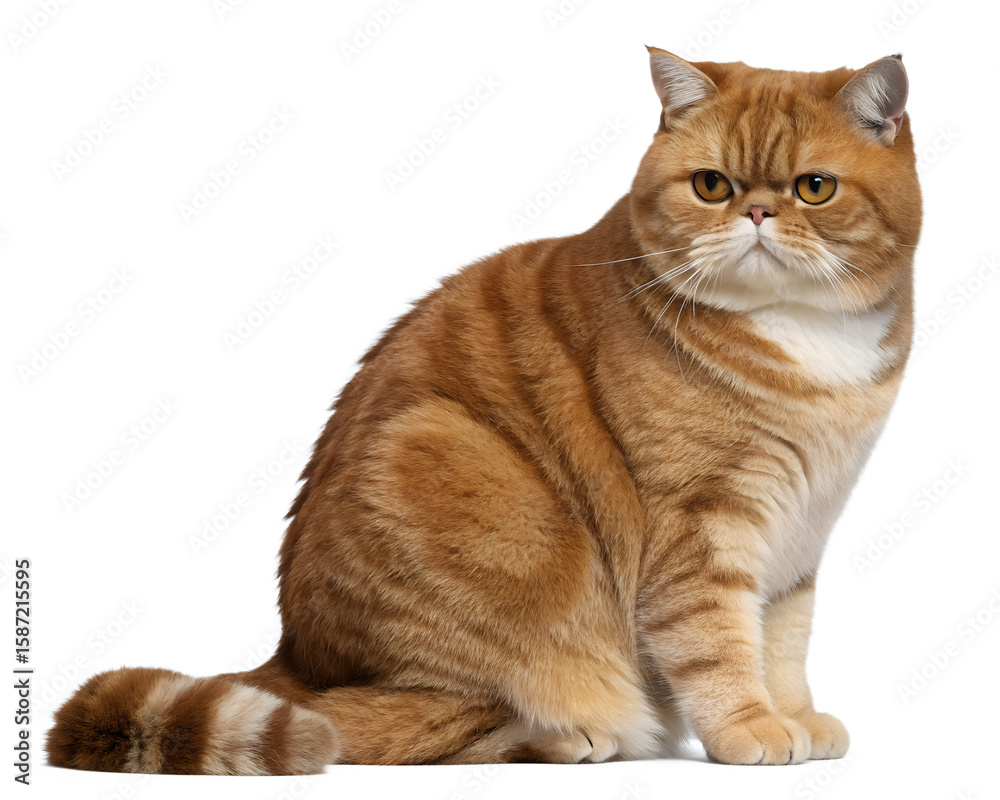 Obraz premium Striking Orange Exotic Shorthair Cat with Amber Eyes Sitting Calmly.