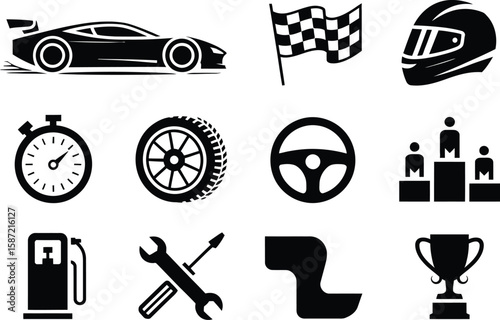 Black Racing Icons: Race Car, Checkered Flag, Helmet, Stopwatch, Tire, Steering Wheel, Podium