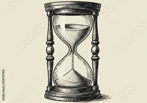 Vintage hourglass with sand flowing through the glass bulbs in a detailed engraving style