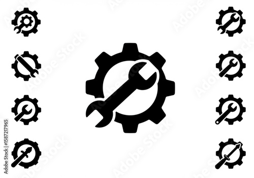 Collection of black gear and wrench icons representing repair and maintenance services