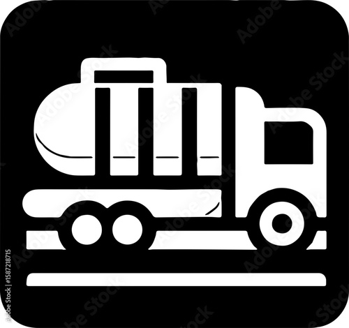 white icon of a heavy-duty tanker truck with visible tank, designed in a minimal flat silhouette style on a black background
