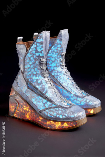 Futuristic high top shoes with glowing blue pattern and fiery sole