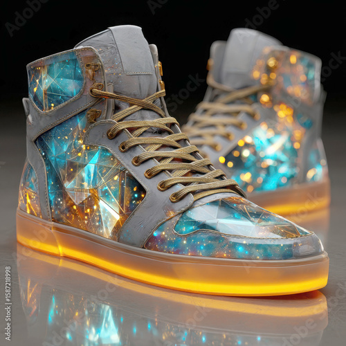 High top sneakers with glowing sole and galaxy pattern design