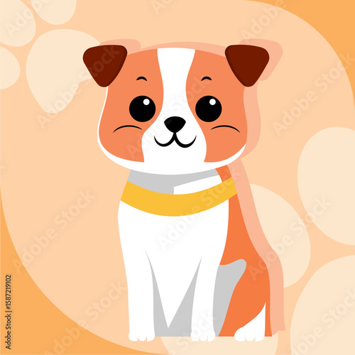 A cheerful cartoon dog sits, wearing a yellow collar, against a paw print background.