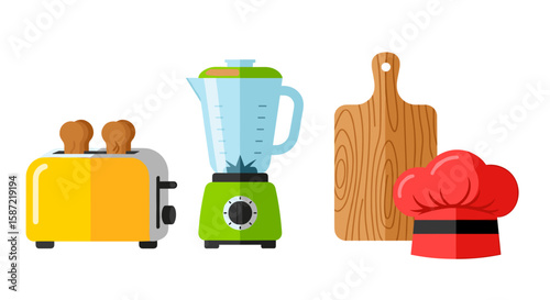Illustration showing a toaster with bread, blender, cutting board, and chef hat
