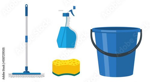 Illustration of cleaning supplies including a mop bucket spray bottle and sponge