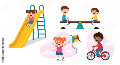 Illustration of children playing on a slide, seesaw, with a kite, and on a bike