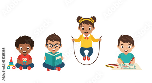 Illustration of four children engaged in different activities on white background