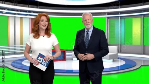 3D virtual news studio with green screen, featuring modern design, digital screens, and sleek lighting—ideal for broadcasts, interviews, and customizable backgrounds.

