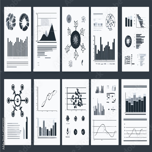 Collection of black and white data visualizations including charts graphs and diagrams on white pages