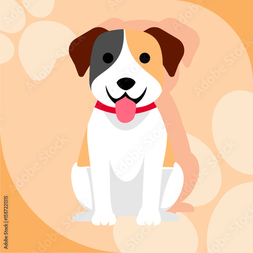Happy tri-colored dog sitting, paws background.
