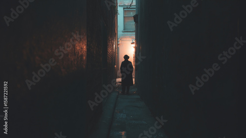 A person is walking down a dark hallway