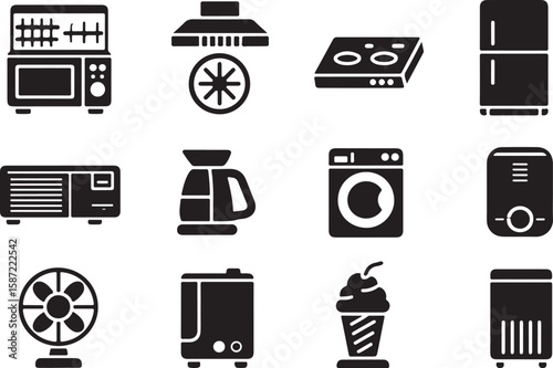 Collection of kitchen and home appliance icons isolated on transparent background