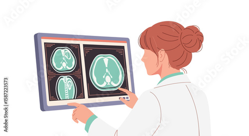 Medical Professional Examining CT Scan Images on Digital Display.