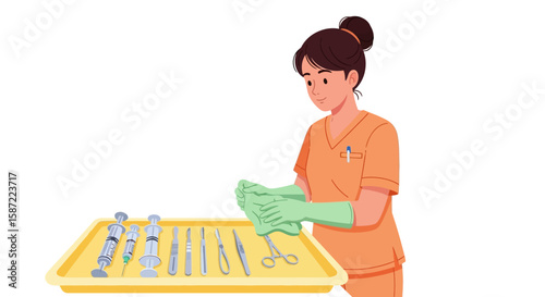 Nurse in Orange Scrubs Cleaning Medical Instruments on Tray.