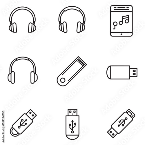 Black and white outlined icons of headphones music devices and usb flash drives