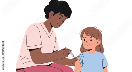 Vaccination Illustration A smiling nurse administers a shot to a cheerful young girls upper arm.