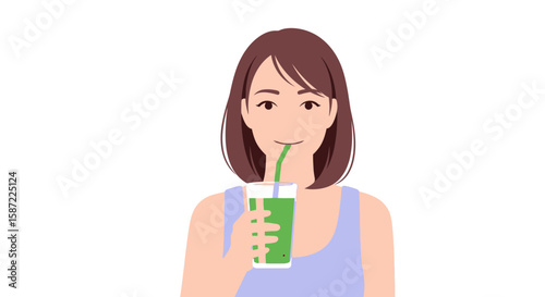 Woman Drinking Green Smoothie from Glass Healthy Lifestyle Illustration.