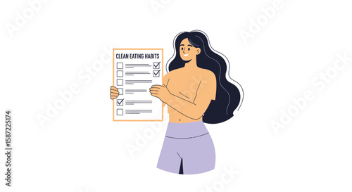 Woman Holding Clean Eating Habits Checklist with Checkmarks Illustration.