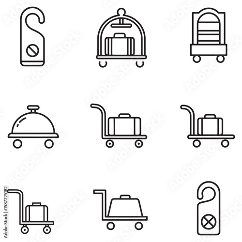Collection of black and white hotel icons representing travel and hospitality services