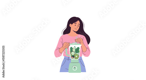 Woman Preparing a Green Smoothie in a Blender Healthy Lifestyle Concept.