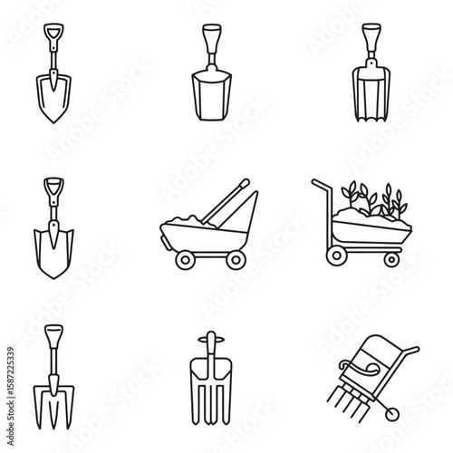 Collection of garden tools in outline style for landscaping and gardening illustrations