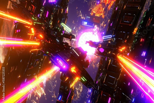 Fototapeta Naklejka Na Ścianę i Meble -  A vibrant, futuristic space station complex in dynamic motion.