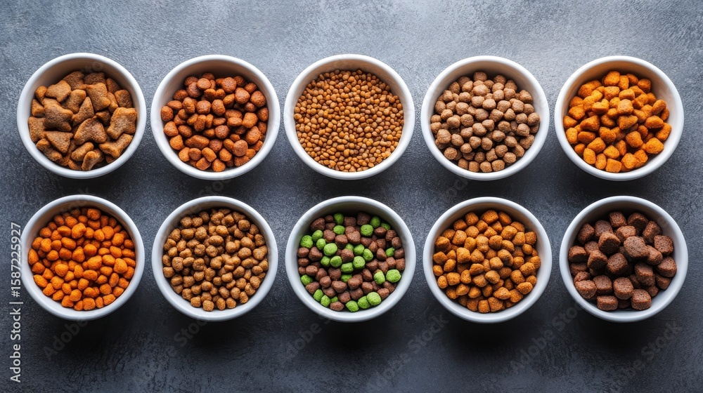 Variety of Pet Food Kibbles in White Bowls on Dark Surface Variety of Pet Food Kibbles in White Bowls on Dark Surface