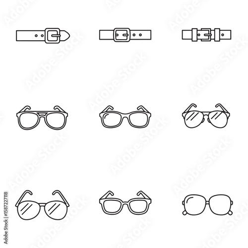 Collection of minimalistic line art illustrations featuring sunglasses and belt buckles