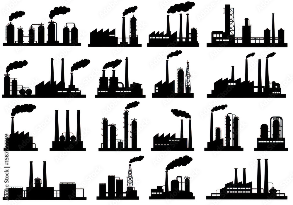 Fototapeta premium Collection of industrial factory silhouettes with smoke stacks isolated on white background