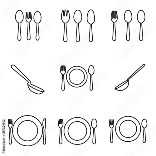 Elegant black line art collection of utensils plates and tableware design elements
