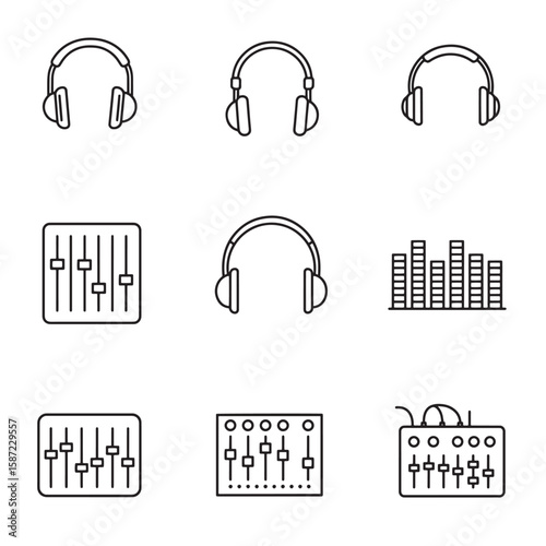Minimalist audio icons featuring headphones sound mixer and music visualization elements