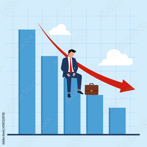 Illustration of a businessman sitting on a declining bar graph with a downward arrow, symbolizing business downturn and financial loss.