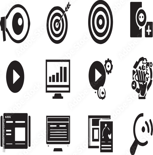 Collection of black and white business icons featuring marketing targets and data analysis tools