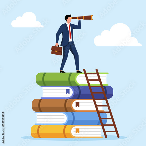 Illustration of a businessman on a stack of books looking through a telescope, symbolizing knowledge, learning, and future vision.