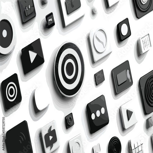 Monochrome assortment of app icons scattered on a white surface in a top down arrangement view