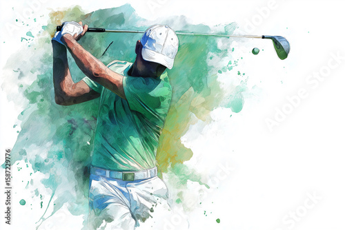 A highly detailed watercolor of an elegant man golfing in green and white attire, seen from the side on a clean background
